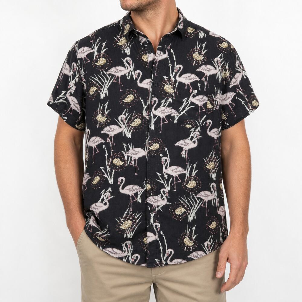 Molokai Surf Co Shirt Mens XL Black Hawaiian Flamingos Beach Cotton Button-Down
